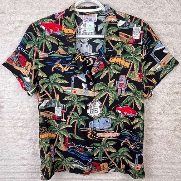 REYNE SPOONER Hawaiian Nostalgia Route 66 Novelty Button Up Shirt Small - Picture 1 of 13